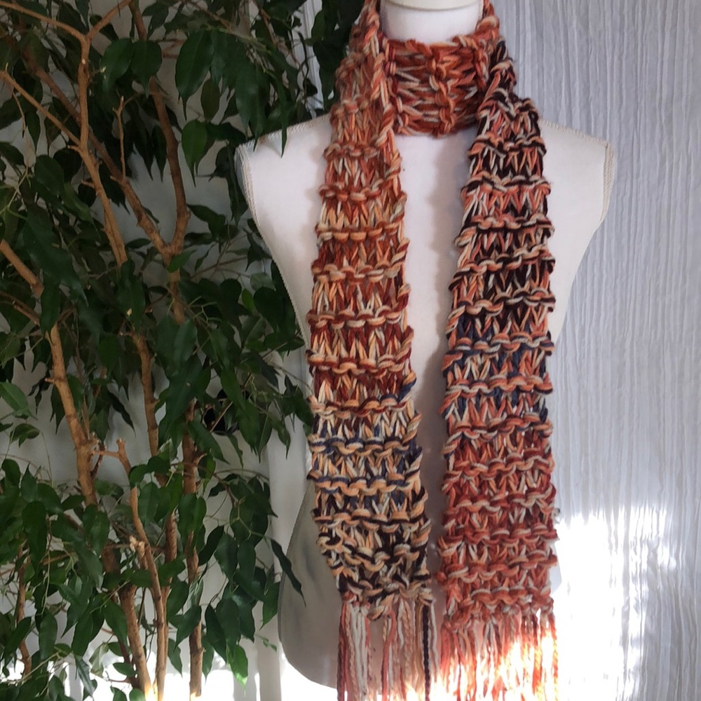 Women winter SCARVES lot of 2 , handmade chunky peach pink blue & bright stripes - Picture 6 of 7